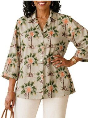 Silkland Size 10 Top Tropical Monkey Palm Tree Print Button-Down Shirt